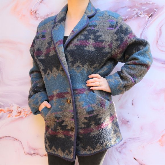 Vintage Jackets \u0026 Coats | Vintage Aztec Pattern Wool Winter Coat Sz M | Color: Blue/Gray | Size: M | Pm-96819213's Closet